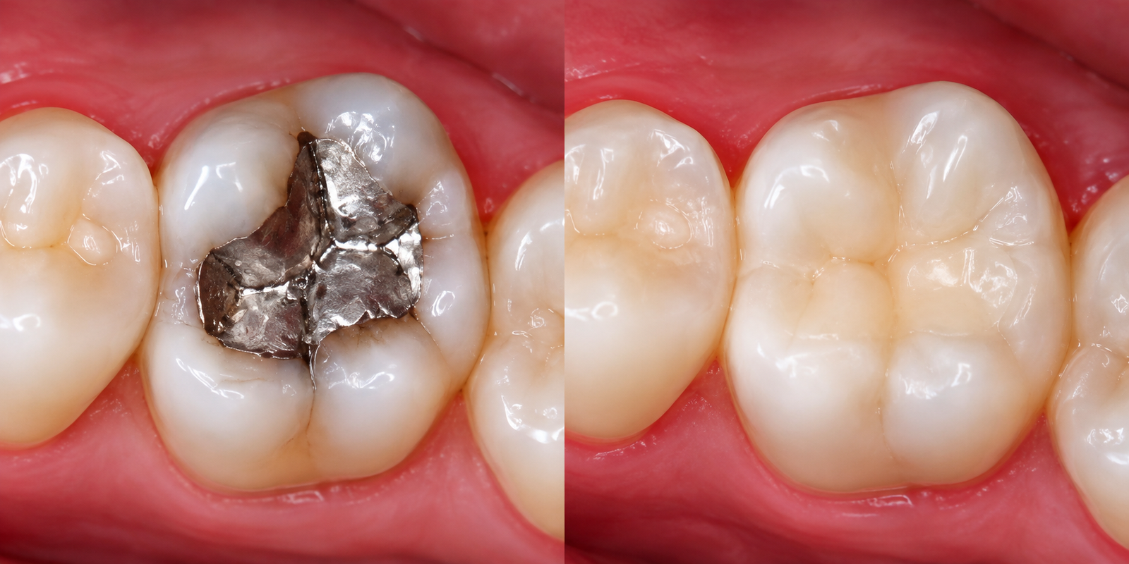 Antes y después de cambio de amalgama por resina estética