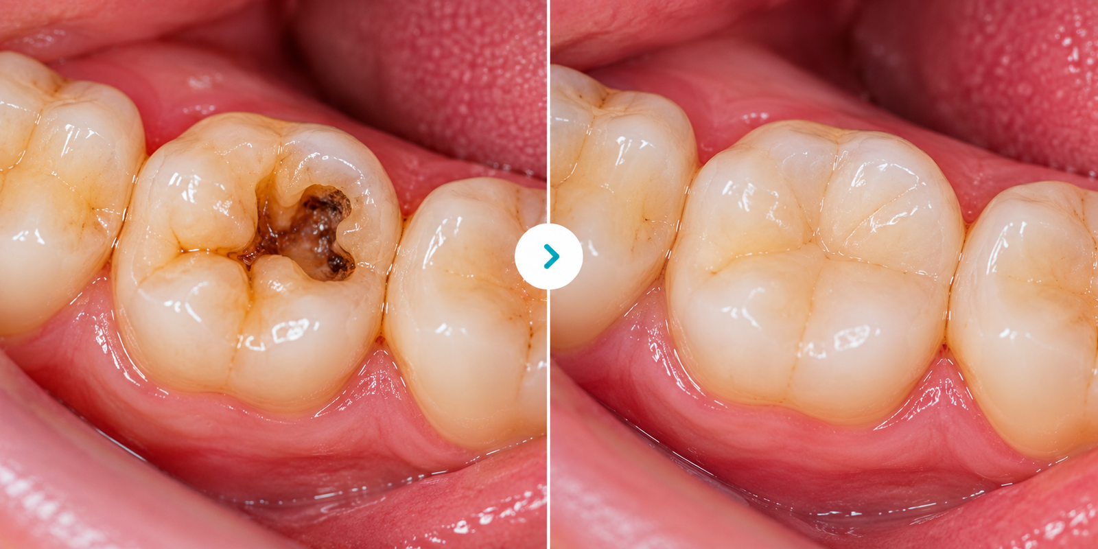 Antes y después de tratamiento de caries con restauración estética