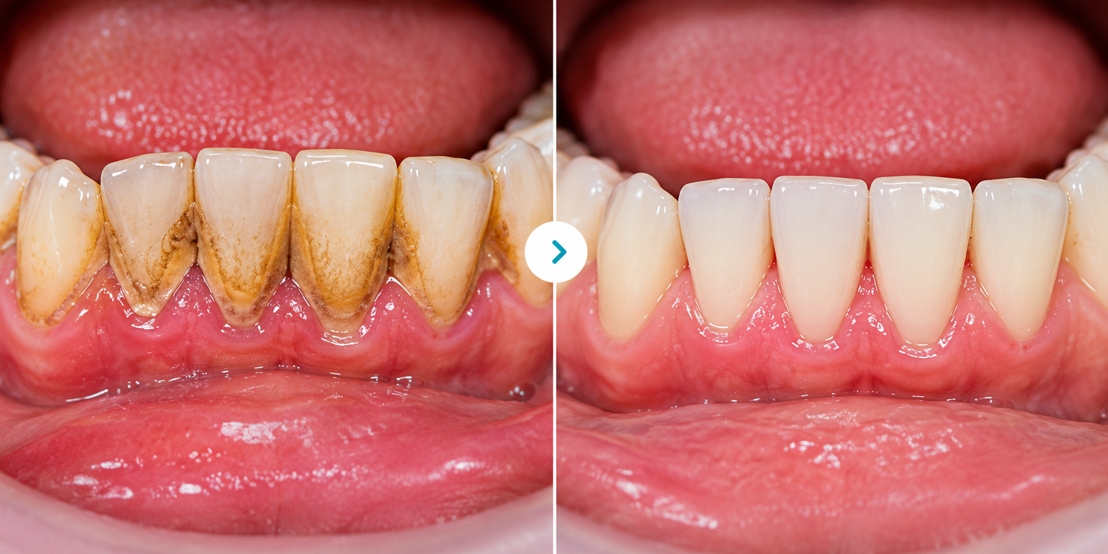 Antes y después de limpieza dental y eliminación de sarro